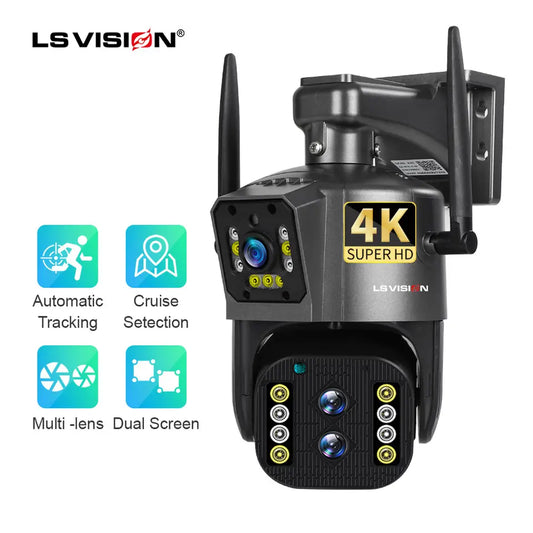 LS VISION WiFi Outdoor Security Camera Double Lens HD 4K UHD Wireless PTZ Auto Tracking Full Color Night Vision IP camera